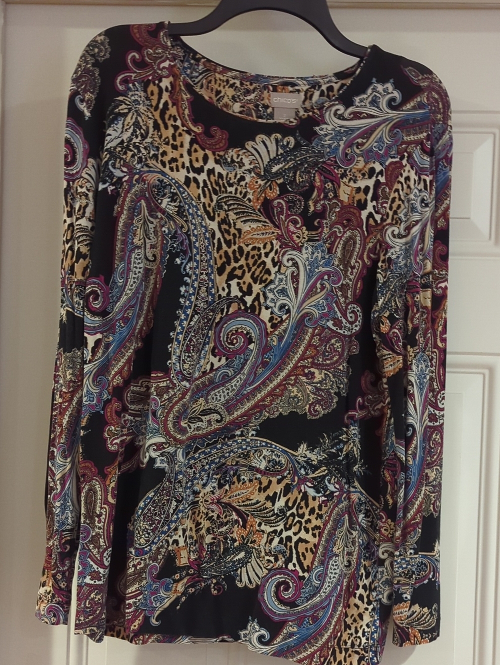 Chico's Black Paisley & Leopard Print Long-Sleeve Top